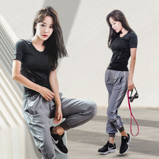 范迪慕 瑜伽服女健身运动套装夏季新款休闲跑步速干气质显瘦健身服女 FX01-黑T恤+灰长裤两件套-S