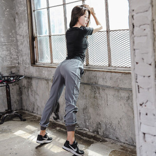 范迪慕 瑜伽服女健身运动套装夏季新款休闲跑步速干气质显瘦健身服女 FX01-黑T恤+灰长裤两件套-S