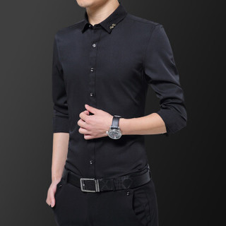 美国苹果 AEMAPE 衬衫男长袖2019新款韩版潮流寸衫修身帅气休闲商务男装 黑色 L