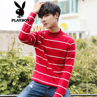 花花公子（PLAYBOY）针织衫2019男士秋冬新款潮流条纹圆领套头打底衫修身时尚男装 红色 XL