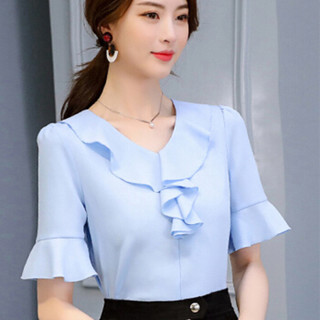 城加（CITYPLUS） 2019新款韩版大码中袖女装时尚百搭纯色休闲雪纺衫 CWCS192382 蓝色 L