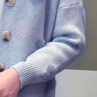 米兰茵（MILANYIN）女装  2019秋冬开衫毛衣女宽松爱心短款仿貂绒针织外套女FML02031 蓝色 XL