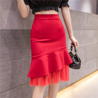 Sum Rayleigh 新薇丽 高腰网纱包臀裙 夏季新款韩版拼接纯色不规则荷叶边半身裙 GGSS1867 红色 M