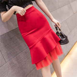 Sum Rayleigh 新薇丽 高腰网纱包臀裙 夏季新款韩版拼接纯色不规则荷叶边半身裙 GGSS1867 红色 M