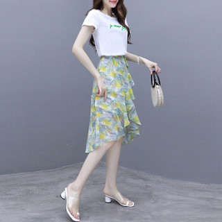 瑜珏（YuJue）碎花连衣裙 2019夏季新款韩版法式复古裙流行小清新两件套潮 AMFS9608 绿色套装 L