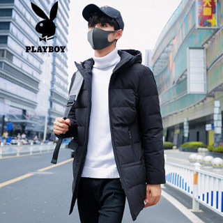 花花公子 PLAYBOY 羽绒服男2019秋冬90%白鸭绒加厚保暖中长款羽绒服男士防风大衣 68880987 黑色 190/4XL