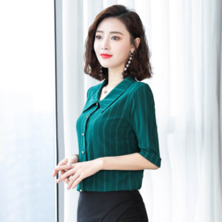 BANDALY 2019夏季女装新款衬衫女短袖雪纺竖条纹韩版宽松气质中半袖时尚 GZQBFS7125 6003绿色短袖 XXXL