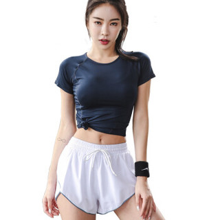 范迪慕 瑜伽服运动休闲套装女夏季新款速干透气跑步健身房短裤T恤 FX01-藏青-短袖两件套-S