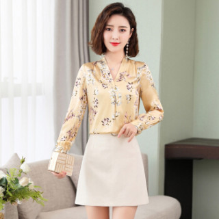 商品古地斯 gudisi 真丝衬衫女士长袖小衫2019春季装新款v领清新花色