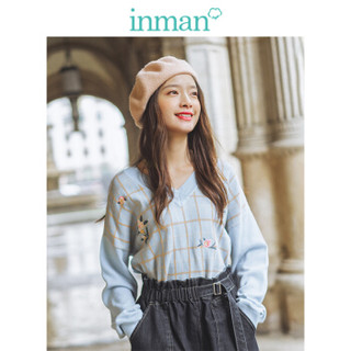 茵曼（INMAN）2019秋季新款罗纹V领落肩袖格纹复古时尚绣花宽松毛衣女 18931|32500 浅蓝色 S