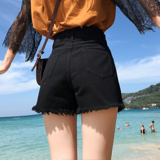 丽乔 2019夏季新款女装新品牛仔裤修身性感热裤韩版宽松高腰显瘦chic阔腿热裤 GZKLDXJ71728 黑色 31