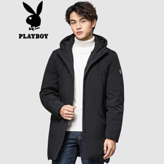 花花公子 PLAYBOY 男士2019秋冬羽绒服男中长款连帽休闲外套 68880077 黑色 175/XL