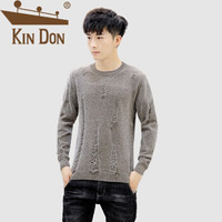 金盾（KIN DON）针织衫 男2019秋季新款休闲百搭韩版潮流圆领套头破洞打底衫 A303-MY01 卡其色 L