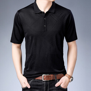皮尔卡丹夏季男士短袖翻领提花短T恤休闲商务舒适polo衫上衣T恤黑色 XL