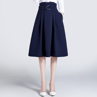 她池2019秋装新款女韩版时尚高腰系带显瘦纯色a字及膝半身裙  T93Z0136A89S   藏蓝色 S