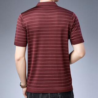 皮尔卡丹夏季男士短袖T恤薄款翻领时尚针织条纹显瘦短袖上衣T恤枣红 M