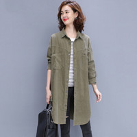 一塘晨2019秋新款时尚翻领长袖单排扣纯色简约气质中长款衬衫 S93B4535CA42XL 军绿色XL