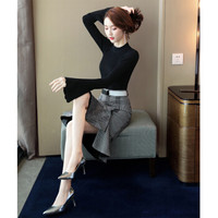 一塘晨2019秋装新款女长袖圆领毛衫搭高腰格子不规则半身裙套装 S93T4025NA1176L 上黑下灰L