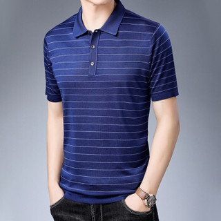 皮尔卡丹夏季男士短袖T恤薄款翻领时尚针织条纹显瘦短袖上衣T恤上青 XXXL