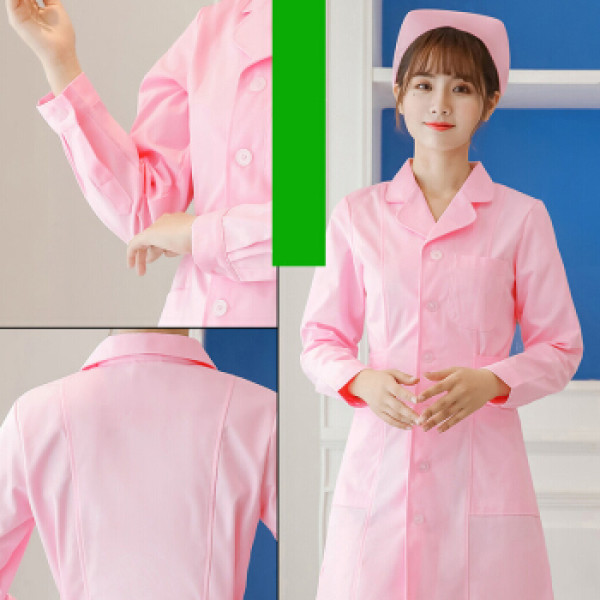商品麦肯麒 2019秋季新品女装护士服长袖粉色白大褂短袖娃娃领修身