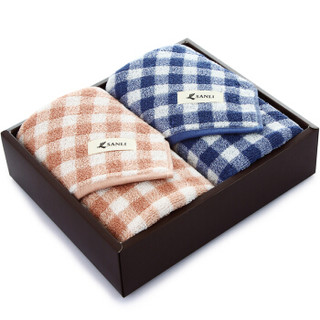 三利 纯棉色织格纹毛巾精装礼盒2条装 柔软加厚吸水面巾 34×74cm 深海蓝+珊瑚色 赠手提袋