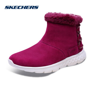 Skechers斯凯时尚轻便女靴 反毛皮松紧带冬靴 舒适保暖套脚雪地靴14404 梅红色/RAS 35