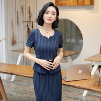 初申 2019夏季新款短袖连衣裙女韩版修身条纹职业套裙SWQZ185102蓝色M