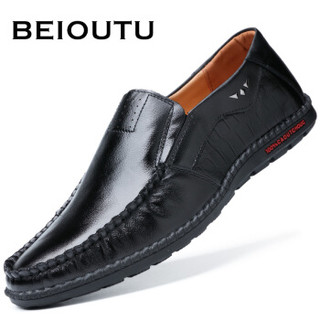 北欧图（BEIOUTU）男士商务正装休闲头层牛皮透气一脚蹬驾车手工皮鞋 8855 黑色 43