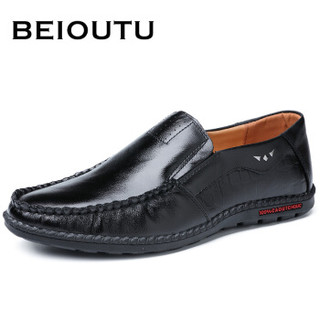 北欧图（BEIOUTU）男士商务正装休闲头层牛皮透气一脚蹬驾车手工皮鞋 8855 黑色 43