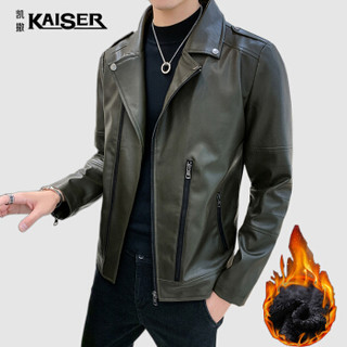 凯撒（KAISER）皮衣 2019秋装新款男士衣服机车风斜门襟皮夹克气质皮衣外套上衣男 516-1-PY19 军绿色 XL