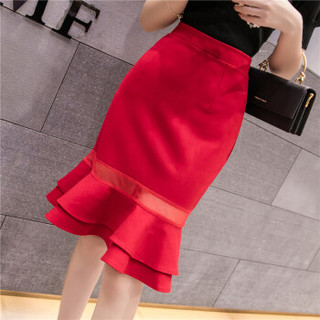 Sum Rayleigh 新薇丽 A字包臀鱼尾裙 夏季新款韩版中长款高腰镂空拼接一步裙 GGSS1866 红色 XL