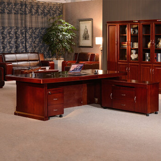 中伟办公家具老板桌总裁桌大班台办公桌油漆实木贴皮经理桌1.8米+4门书柜+老板椅