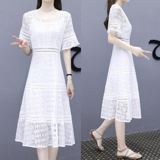 BANDALY 2019夏季女装新款蕾丝连衣裙女淑女高腰镂空修身中长款v领白色裙子 zx5619-6002 白色 XL