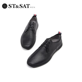 星期六男鞋（ST&SAT）头层牛皮革商务休闲系带透气皮鞋 黑色 41