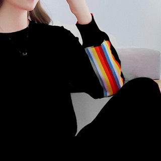 米兰茵（MILANYIN）女装 2019秋款两件套时尚套装洋气彩色条纹宽松毛衣针织衫+针织裤 BML01354 黑色 M