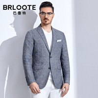 Brloote/巴鲁特 西服男时尚休闲花纱条纹格便西棉麻薄款修身单西装外套2019春装新品 蓝色 175/96A