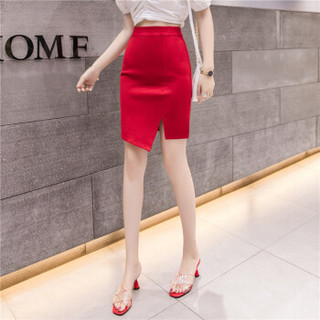 新薇丽（Sum Rayleigh）不规则包臀裙 2019夏季新款韩版开叉高腰短裙弹力一步职业包裙 GGSS5633 红色 2XL