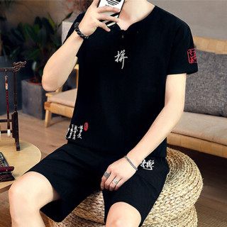 鳄鱼恤（CROCODILE）T恤套装 男士2019夏季新款中国风字母印花棉麻T恤套装 A123-1-1937 黑色 M