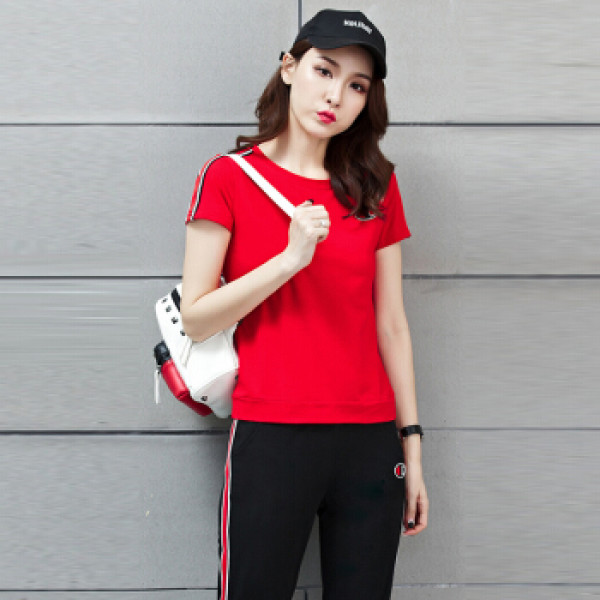 时尚短袖长裤宽松大码两件套跑步休闲运动服套装女秋季 suyh938 红色