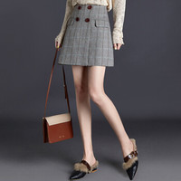 她池2019秋装新女经典格纹高腰双排纽扣装饰包臀a字短款半身裙  T93Z0168A897L   灰色格子 L