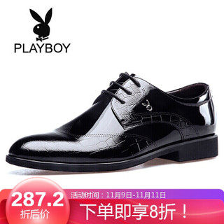 花花公子（PLAYBOY）男士复古格子纹商务系带正装鞋子男D040815WA9 黑色 40