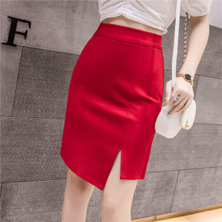 新薇丽（Sum Rayleigh）不规则包臀裙 2019夏季新款韩版开叉高腰短裙弹力一步职业包裙 GGSS5633 红色 S