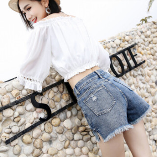 AUDDE 2019夏季新款女装新品韩版高腰牛仔短裤女宽松显瘦破洞裤时尚毛边热裤 zxALHS-557 浅蓝 30