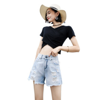 AUDDE 2019夏季新款女装新品韩版高腰牛仔短裤女宽松显瘦破洞裤时尚毛边热裤 zxALHS-557 浅蓝 30