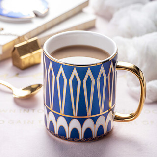 友来福陶瓷杯情侣骨瓷杯子ins北欧咖啡杯带勺简约欧式咖啡杯礼盒装光辉岁月孔雀蓝