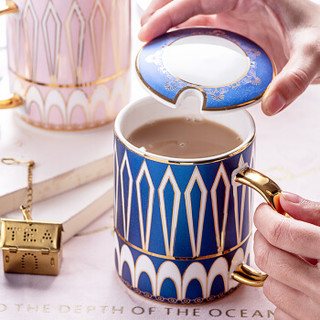 友来福陶瓷杯情侣骨瓷杯子ins北欧咖啡杯带勺简约欧式咖啡杯礼盒装光辉岁月孔雀蓝