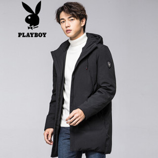 花花公子 PLAYBOY 男士2019秋冬羽绒服男中长款连帽休闲外套 68880077 黑色 165/M