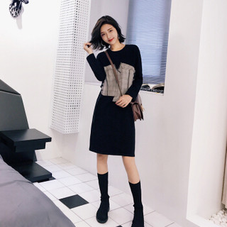 俞兆林  2019新款韩版拼接系带收腰假两件打底连衣裙女YWLQ188266 咖啡色 M