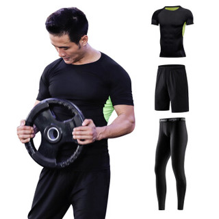 范迪慕 运动套装男士健身服紧身速干透气吸湿排汗跑步篮球套装健身衣男 FNZ9001-网布绿-短袖三件套-XL
