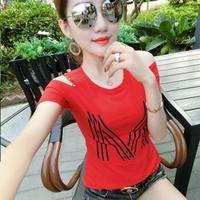 维迩旎 2019夏季新款女装新品短袖t恤女韩版时尚铆钉露肩半袖体恤 zx2A29-7332 红色 M